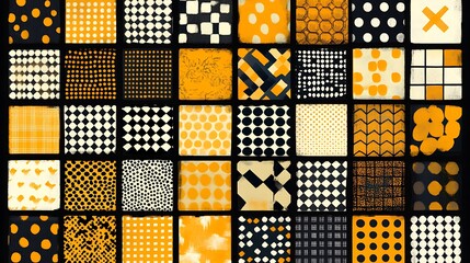 Collection of 48 geometric and textured patterns in black, white, and yellow.