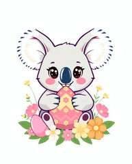 Cute koala with pastel Easter egg surrounded by colorful flowers in a cheerful spring setting
