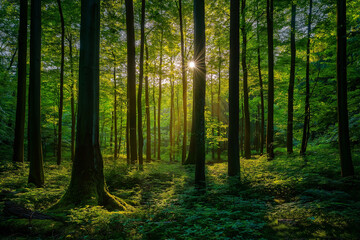 Fototapeta premium A lush green forest landscape with sunlight filtering through trees, vibrant nature photography