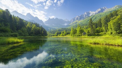 Fototapeta premium Tranquil lake scene, discover serenity amidst mountains and trees serene