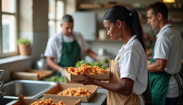 Volunteer distributing food in community center kitchen, active meal preparation during the day, concept for International Day of Charity