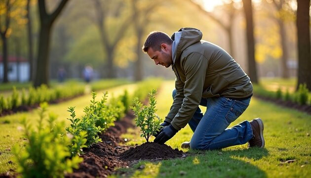Young man planting a tree, caring for the environment in a park setting, concept for International Day of Charity