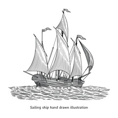 Sailing ship illustration. Vintage ship drawing. Vintage sailing ship hand drawn illustration in engraving style