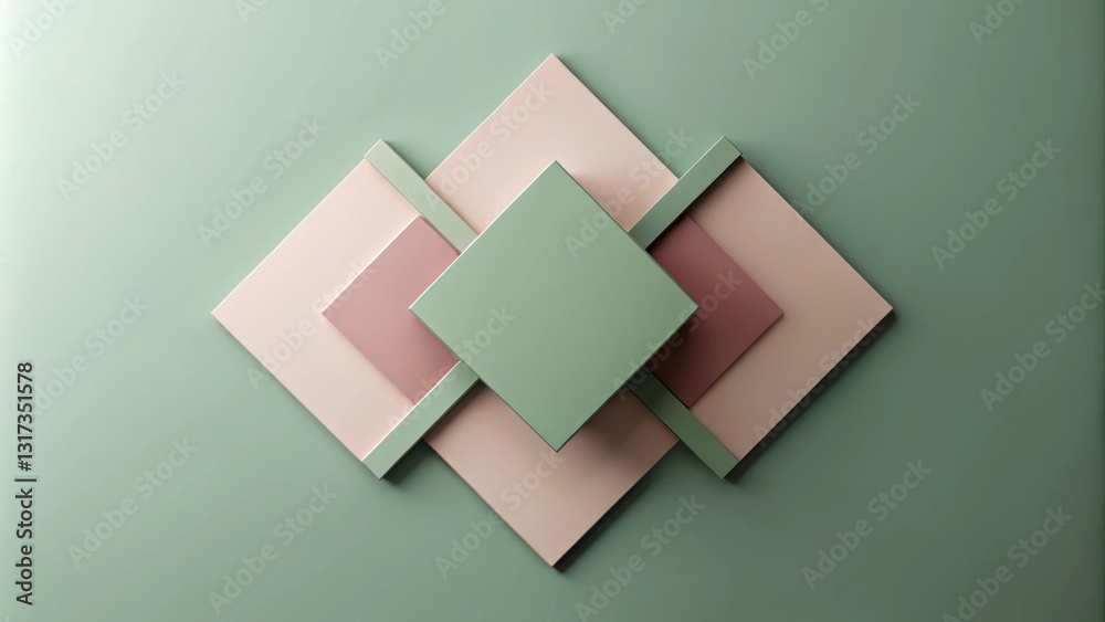 Poster abstract geometric composition featuring a central green square surrounded by layered pink and peach