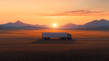 Naklejka premium A serene landscape at sunset featuring a truck parked amidst vast fields and distant mountains, creating a peaceful travel scene.