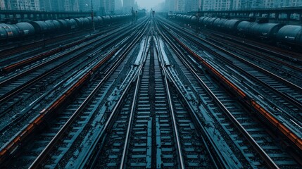 A serene view of train tracks extending into the distance, creating a sense of depth and perspective in a moody, atmospheric environment.