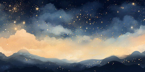 Golden Hour Mountain Landscape with Starry Night Sky