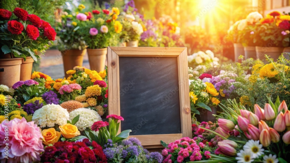 Poster a rustic wooden framed chalkboard sits amongst a vibrant array of colorful flowers, bathed in the wa