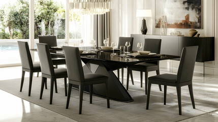 Fototapeta premium Modern black dining table set in luxury home, overlooking pool