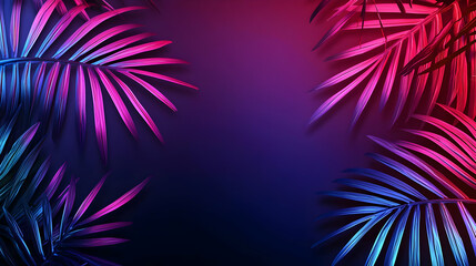 Vibrant Pink And Blue Neon Glow Tropical Palm Leaves On Dark Purple Background With Copy Space For Text Or Design