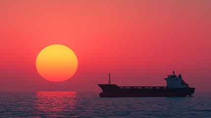 Obraz premium A serene sunset with a large sun setting over calm waters, silhouetting a cargo ship against vibrant pink and orange hues.