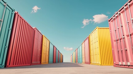 A vibrant scene of colorful shipping containers lined up under a clear blue sky, creating a striking perspective and sense of depth.