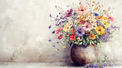 Vibrant Wildflower Bouquet in Rustic Pot Watercolor Painting Floral Art