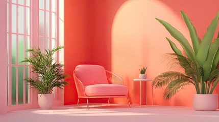 Relaxing Pink Living Room with Tropical Plants and Sunlight