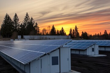 Fototapeta premium Solar panels aligned, sunsetting skies, trees stand tall. Clean energy solution