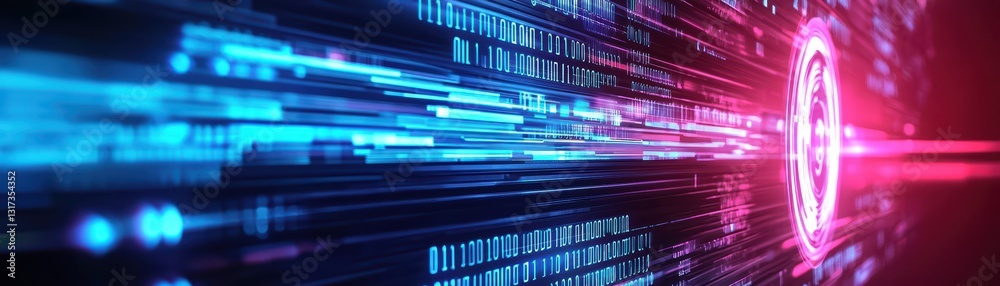 Poster high-tech digital interface with floating elements and dynamic color patterns in background