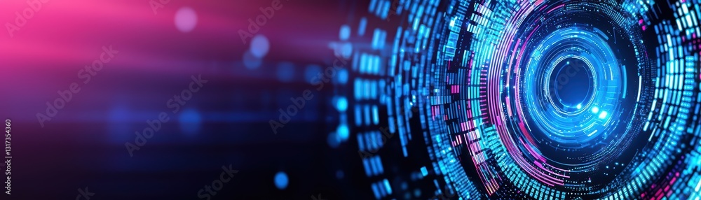 Poster digital interface background with high-tech elements and bright floating lights