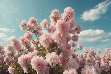 Magical spring sky with fluffy pastel clouds and floating flower petals