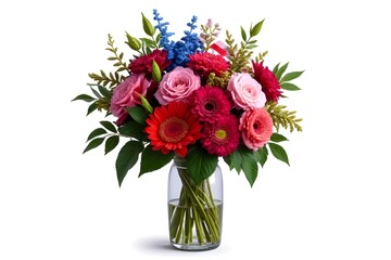 Fototapeta premium Vibrant Mixed Flower Bouquet in Vase - Red, Pink, and Blue Blooms