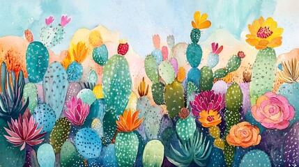 Vibrant Watercolor Cactus Garden Blooming Desert Succulents and Flowers © CleanFrame