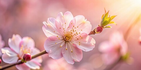 Obraz premium A single delicate pink blossom with its petals gently unfurling, bathed in soft sunlight, revealing a delicate yellow stamen in the heart of the bloom.