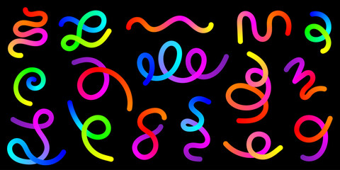 Colorful Neon Confetti Swirls and Wavy Lines on Black Background. Vibrant Abstract Curves, Gradient 3D Spiral Shapes, Bright Decorative Elements for Modern Design, Carnival and Celebration