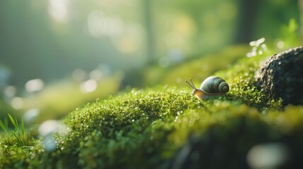 A snail slowly moving across a mossy forest floor bathed in morning light