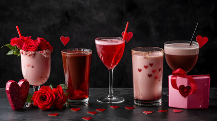 Four Valentine's Day Cocktails in Elegant Glassware Decorated with Red and Pink Hearts and Roses on a Dark Table with Gift Boxes for a Romantic