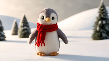 Fluffy stuffed penguin wrapped in a warm red scarf, enjoying a peaceful winter landscape with soft snowdrifts and a clear blue sky.