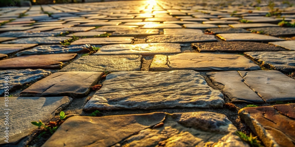 Poster A low angle perspective of a stone path illuminated by the warm glow of the setting sun, highlighting the intricate texture and natural beauty of the stone