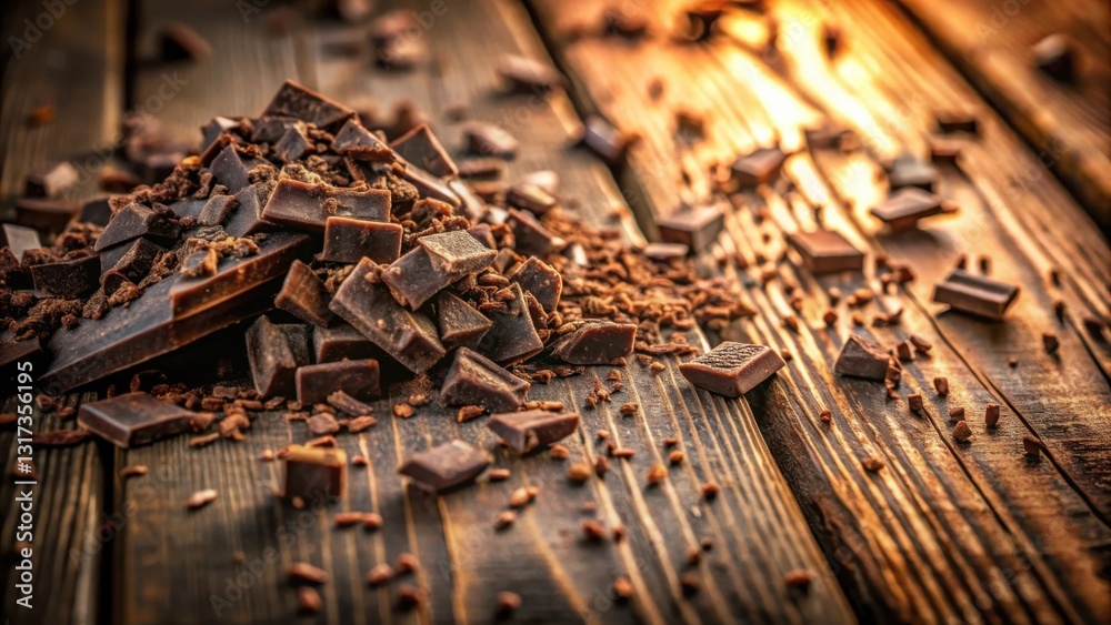 Poster a close-up view of rich, dark chocolate pieces scattered on a rustic wooden surface, illuminated by 