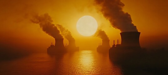 Fototapeta premium Industrial Nuclear Facility with Giant Cooling Chimneys Emitting Rising Steam Against the Blue Sky