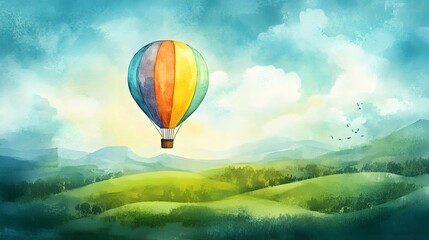 Obraz premium Colorful Hot Air Balloon Soaring Over Lush Green Rolling Hills and Blue Sky