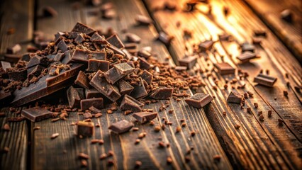 A close-up view of rich, dark chocolate pieces scattered on a rustic wooden surface, illuminated by warm, golden light.