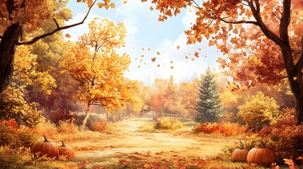 Autumnal Path Golden Leaves Fall Path with Pumpkins Peaceful Fall Landscape