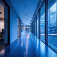 Modern, sleek corridor with large windows reflecting city lights in cool blue tones