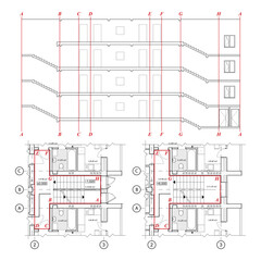 Architectural blueprints and cross section of a building