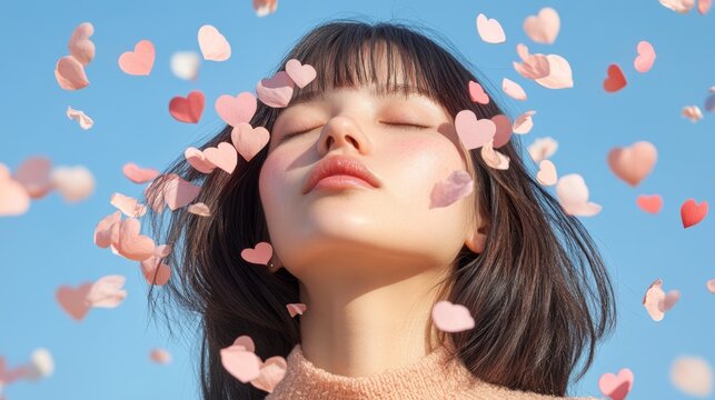 Woman enjoying a heart-shaped petal shower against a clear blue sky in a joyful moment of serenity