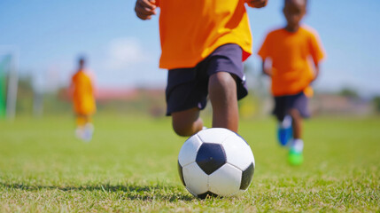 Children playing soccer on sunny day, wearing orange jerseys and running on grassy field. focus is on soccer ball in motion, capturing excitement of game