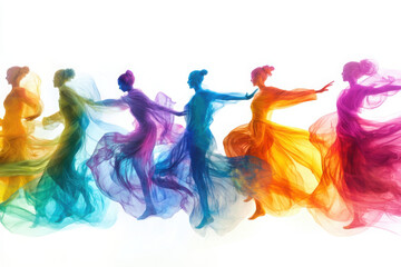 Obraz premium Silhouettes of diverse women gracefully dance, draped in vibrant, flowing fabrics, creating a colorful and dynamic display against a white backdrop.