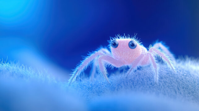cute, fluffy spider with large eyes sits on soft, blue surface, creating whimsical and surreal atmosphere