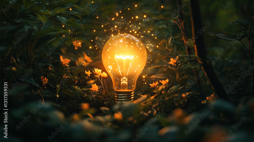 Aufkleber glowing lightbulb amidst foliage, illuminated by warm light and sparkling particles, symbolizing ide