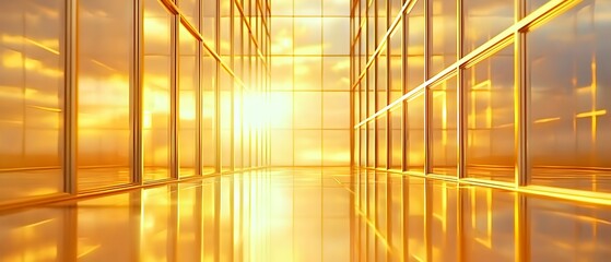 A building made of glass blocks with a sunset in the background