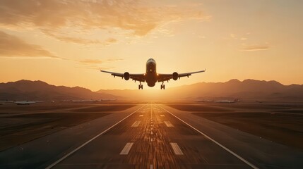 Fototapeta premium Aerial View of Airport Runway with Airplanes Taking Off During Golden Hour at Sunset