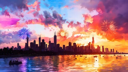 Fototapeta premium Vibrant City Skyline Fireworks Sunset Water Reflection Boats Peaceful Evening