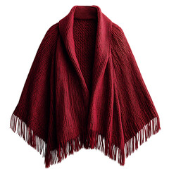 A Knitted Poncho in Burgundy with Fringe Isolated on Transparent Background