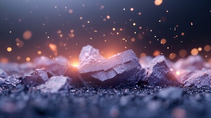 Glowing rocks with sparks in a dark, atmospheric setting.