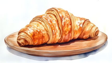 Delicious Golden Brown Croissant on Wooden Plate Watercolor Painting Bakery Food