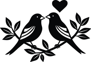 two birds on a branch with love icon. Valentines Day icon set vector illustration.