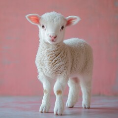 Fototapeta premium A fluffy lamb stands against a soft pink backdrop its pristine fleece contrasting with the pastel hue Innocence and charm radiate from its gentle gaze